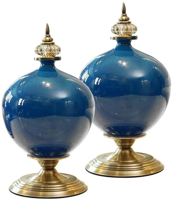 2X 38cm Ceramic Oval Flower Vase with Gold Metal Base Dark Blue