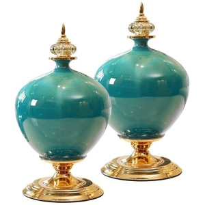 2X 38cm Ceramic Oval Flower Vase with Gold Metal Base Green