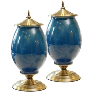2X 40cm Ceramic Oval Flower Vase with Gold Metal Base Dark Blue