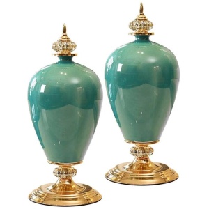 2X 42cm Ceramic Oval Flower Vase with Gold Metal Base Green