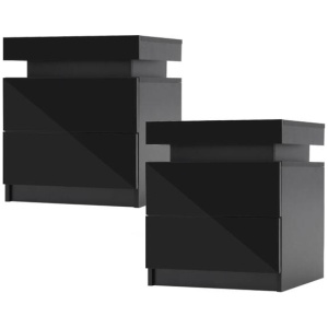 2X Bedside Table 2 Drawers RGB LED Bedroom Cabinet Nightstand Gloss AURORA BLACK