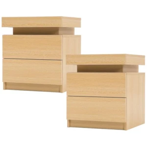2X Bedside Table 2 Drawers RGB LED Bedroom Cabinet Nightstand Gloss AURORA OAK