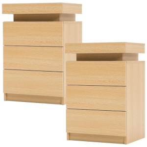 2X Bedside Table 3 Drawers RGB LED Bedroom Cabinet Nightstand Gloss GLORY OAK