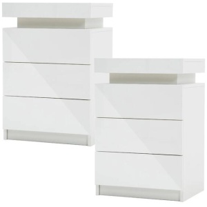 2X Bedside Table 3 Drawers RGB LED Bedroom Cabinet Nightstand Gloss GLORY WHITE