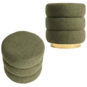2X Round Stacked Ottoman Stool Teddy Fleece Fabric Foot Rest 38cm GREEN