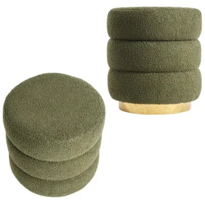 2X Round Stacked Ottoman Stool Teddy Fleece Fabric Foot Rest 38cm GREEN