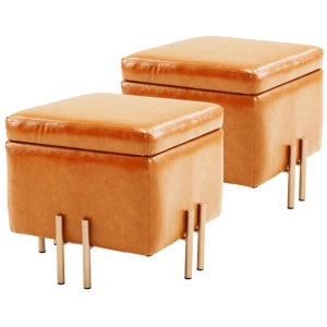 2X Storage Ottoman Foot Stool Cube Tuffet Seat 45cm PU Leather LIGHT BROWN