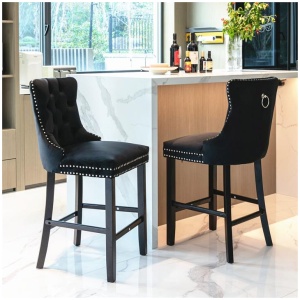 2X Velvet Bar Stools with Studs Trim Wooden Legs Tufted Dining Chairs Kitchen