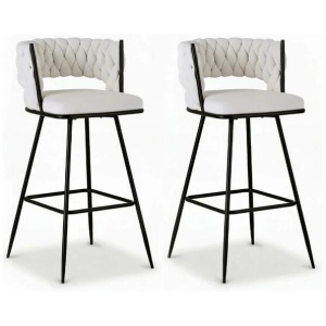 2x Bar Stools Kitchen Dining Chair Counter Stool Woven Velvet Metal Ivory