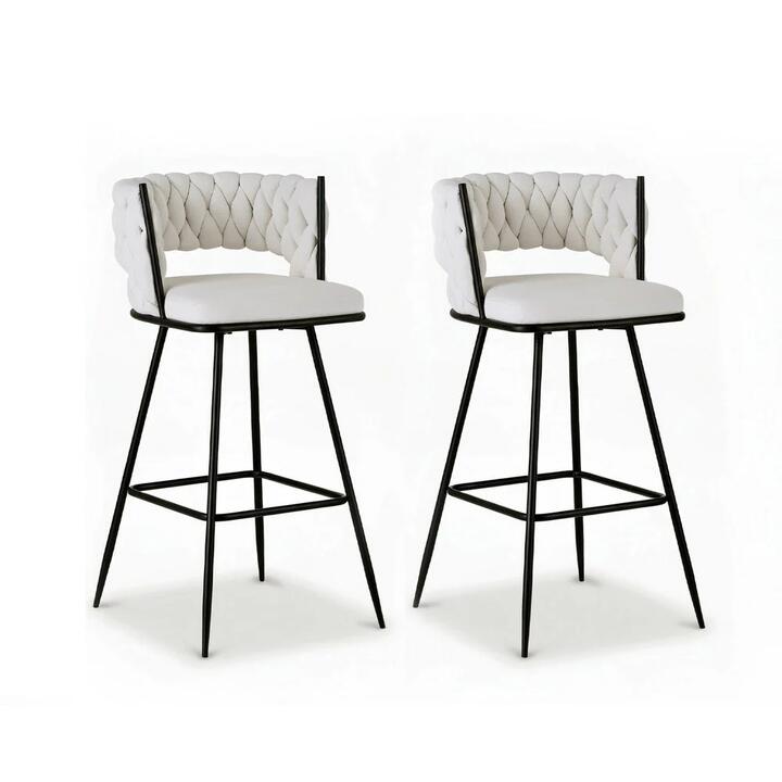 2x Bar Stools Kitchen Dining Chair Counter Stool Woven Velvet Metal Ivory