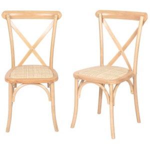 2x Dining Chairs Cross Back | Rattan Seat Wooden Frame - Natural