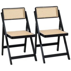 2x Dining Chairs Wooden Rattan Foldable Black