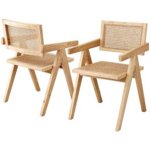 2x Dining Chairs Wooden Rattan Seat Rubber Wood Frame