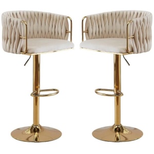 2x Height Adjustable Ivory Swivel Bar Stool Velvet Golden Round Base Barstools Chairs