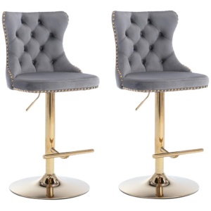 2x Height Adjustable Swivel Bar Stool Velvet Studs Barstool with Footrest and Golden Base- Grey