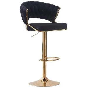 2x Height Black Velvet Padded Golden Round Base Barstools Chairs