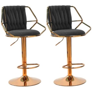 2x Height Velvet Padded Golden Round Base Barstools Chairs with Backrest and Footrest -BLACK