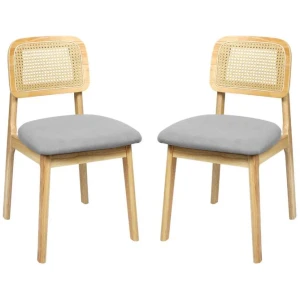 2x Natural Wood Rattan Dining Chairs | Armless Boho Style with Cushioned Seat