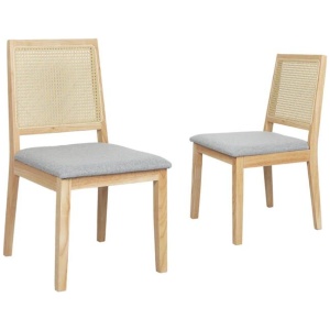 2x Rattan Dining Chairs - Solid Wood Frame, Upholstered Seat (Natural & Grey)
