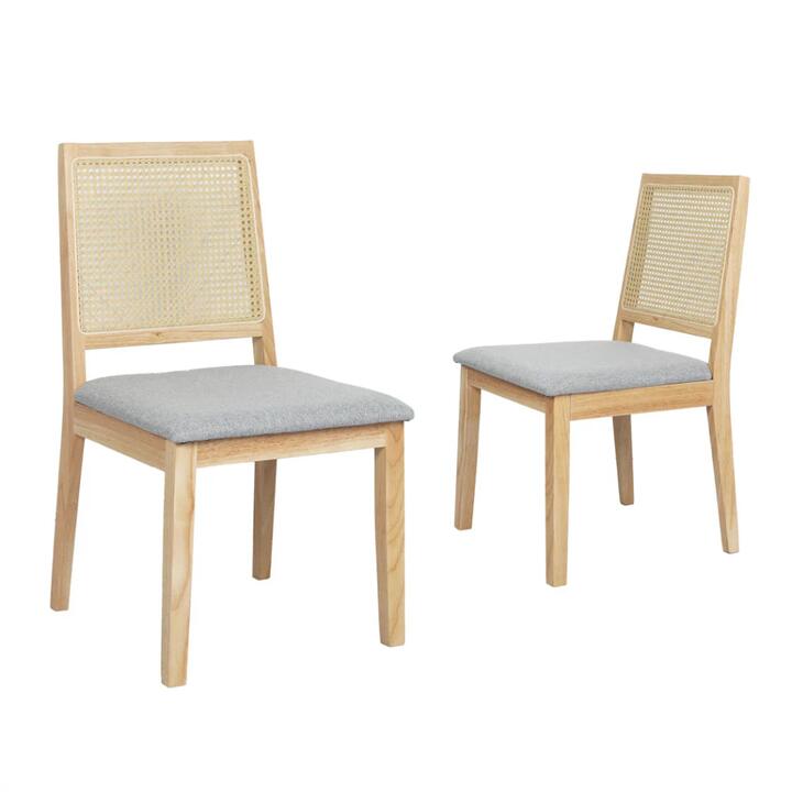 2x Rattan Dining Chairs - Solid Wood Frame, Upholstered Seat (Natural & Grey)