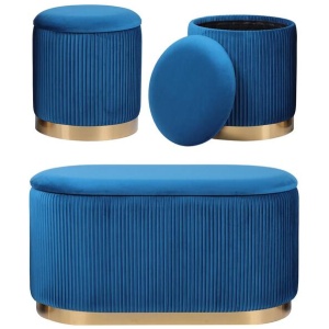3 Piece Set Storage Ottoman - Blanket Box Velvet Padded Bench Stool FAYE BLUE