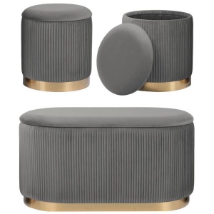 3 Piece Set Storage Ottoman - Blanket Box Velvet Padded Bench Stool FAYE GREY