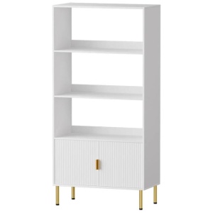 3 Tier Display Shelf with Hidden Cabinet | Gold Legs and Handles - White