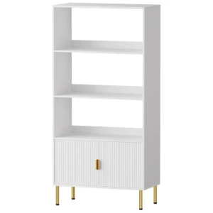 3 Tier Display Shelf with Hidden Cabinet | Gold Legs and Handles - White