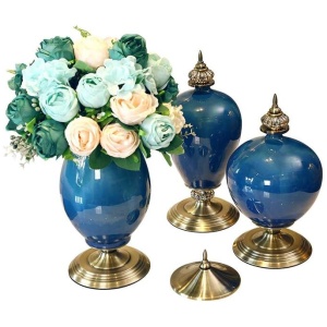 3X Ceramic Oval Flower Vase with Blue Flower Set Dark Blue