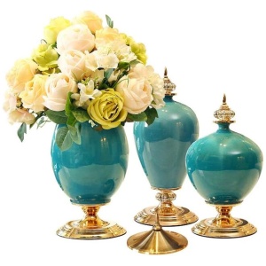 3X Ceramic Oval Flower Vase with White Flower Set Green