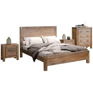 4 Pieces Bedroom Suite in Solid Wood Veneered Acacia Construction Timber Slat Double Size Chocolate Colour Bed, Bedside Table & Tallboy