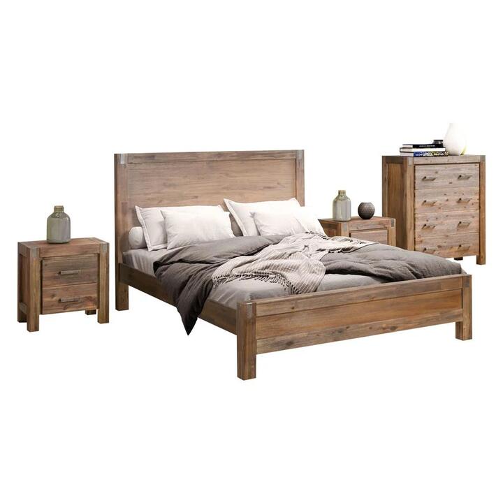4 Pieces Bedroom Suite in Solid Wood Veneered Acacia Construction Timber Slat Double Size Chocolate Colour Bed, Bedside Table & Tallboy