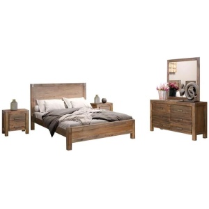 4 Pieces Bedroom Suite in Solid Wood Veneered Acacia Construction Timber Slat Queen Size Chocolate Colour Bed, Bedside Table & Dresser