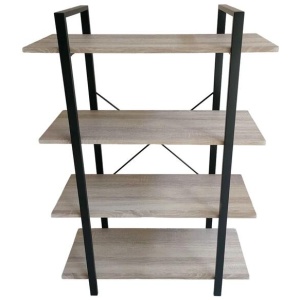 4-Tier Natural Wood and Black Bookshelf - Modern Carbon Steel Display Rack