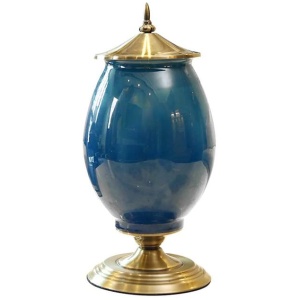 40.5cm Ceramic Oval Flower Vase with Gold Metal Base Dark Blue