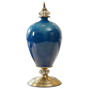 42.50cm Ceramic Oval Flower Vase with Gold Metal Base Dark Blue