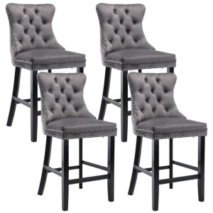 4X Velvet Bar Stools with Studs Trim Wooden Legs Tufted Dining Chairs Kitchen