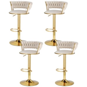 4x Bar Stools Gas Lift Velvet Woven Backrest Ivory