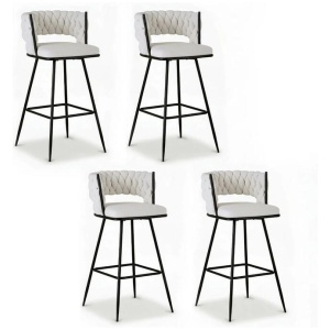 4x Bar Stools Kitchen Dining Chair Counter Stool Woven Velvet Metal Ivory