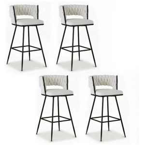4x Bar Stools Kitchen Dining Chair Counter Stool Woven Velvet Metal Ivory