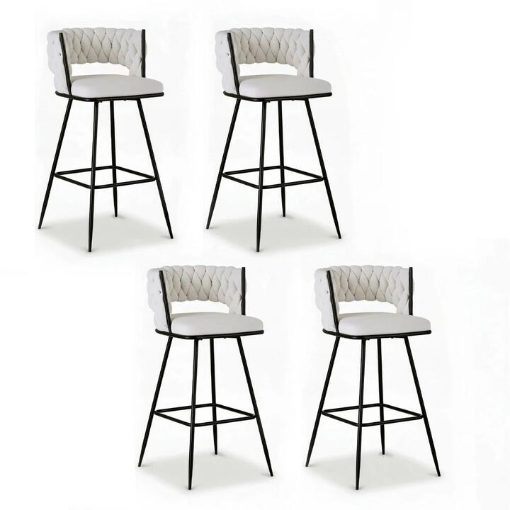 4x Bar Stools Kitchen Dining Chair Counter Stool Woven Velvet Metal Ivory