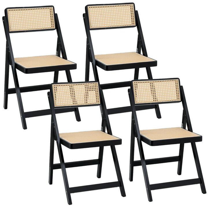 4x Dining Chairs Wooden Rattan Foldable Black