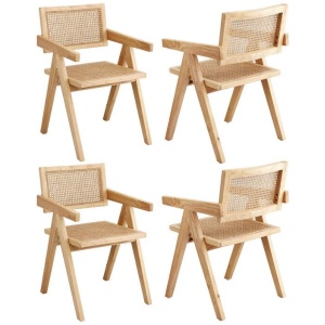 4x Dining Chairs Wooden Rattan Seat Rubber Wood Frame