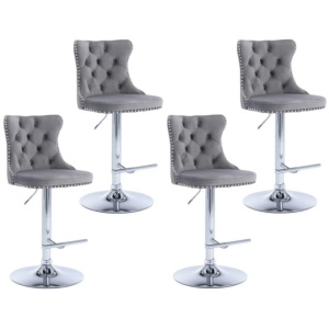 4x Height Adjustable Swivel Bar Stool Velvet Stud Barstool with Footrest and Chromed Base- Gray