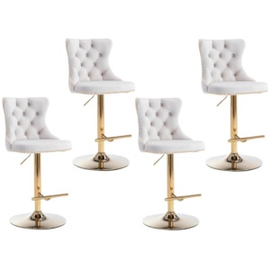 4x Height Adjustable Swivel Bar Stool Velvet Studs Barstool with Footrest and Golden Base- Beige