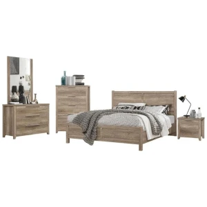 5 Pieces Bedroom Suite Natural Wood Like MDF Structure Double Size Oak Colour Bed, Bedside Table, Tallboy & Dresser