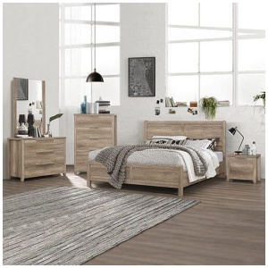 5 Pieces Bedroom Suite Natural Wood Like MDF Structure King Size Oak Colour Bed, Bedside Table, Tallboy & Dresser