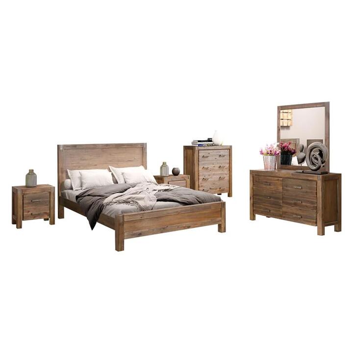 5 Pieces Bedroom Suite in Solid Wood Veneered Acacia Construction Timber Slat Double Size Chocolate Colour Bed, Bedside Table, Tallboy & Dresser