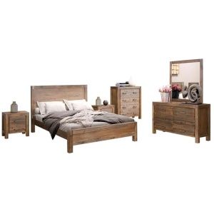 5 Pieces Bedroom Suite in Solid Wood Veneered Acacia Construction Timber Slat Queen Size Chocolate Colour Bed, Bedside Table , Tallboy & Dresser