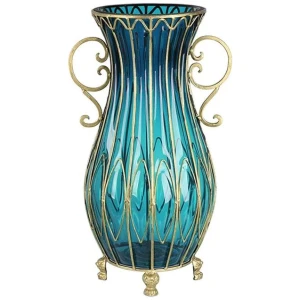 50cm Blue Glass Oval Floor Vase with Metal Flower Stand